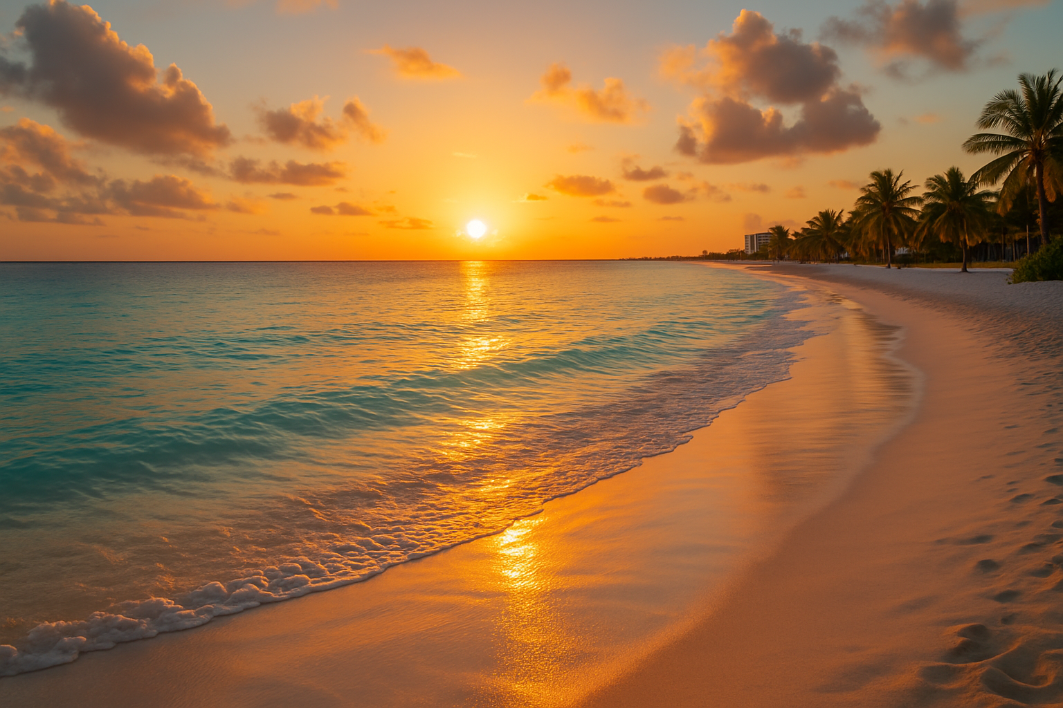 una playa de cancun idilica al ataardecer la playa con sus aguas cristalinas y el reflejo dorado del sol cayendo al atardecer